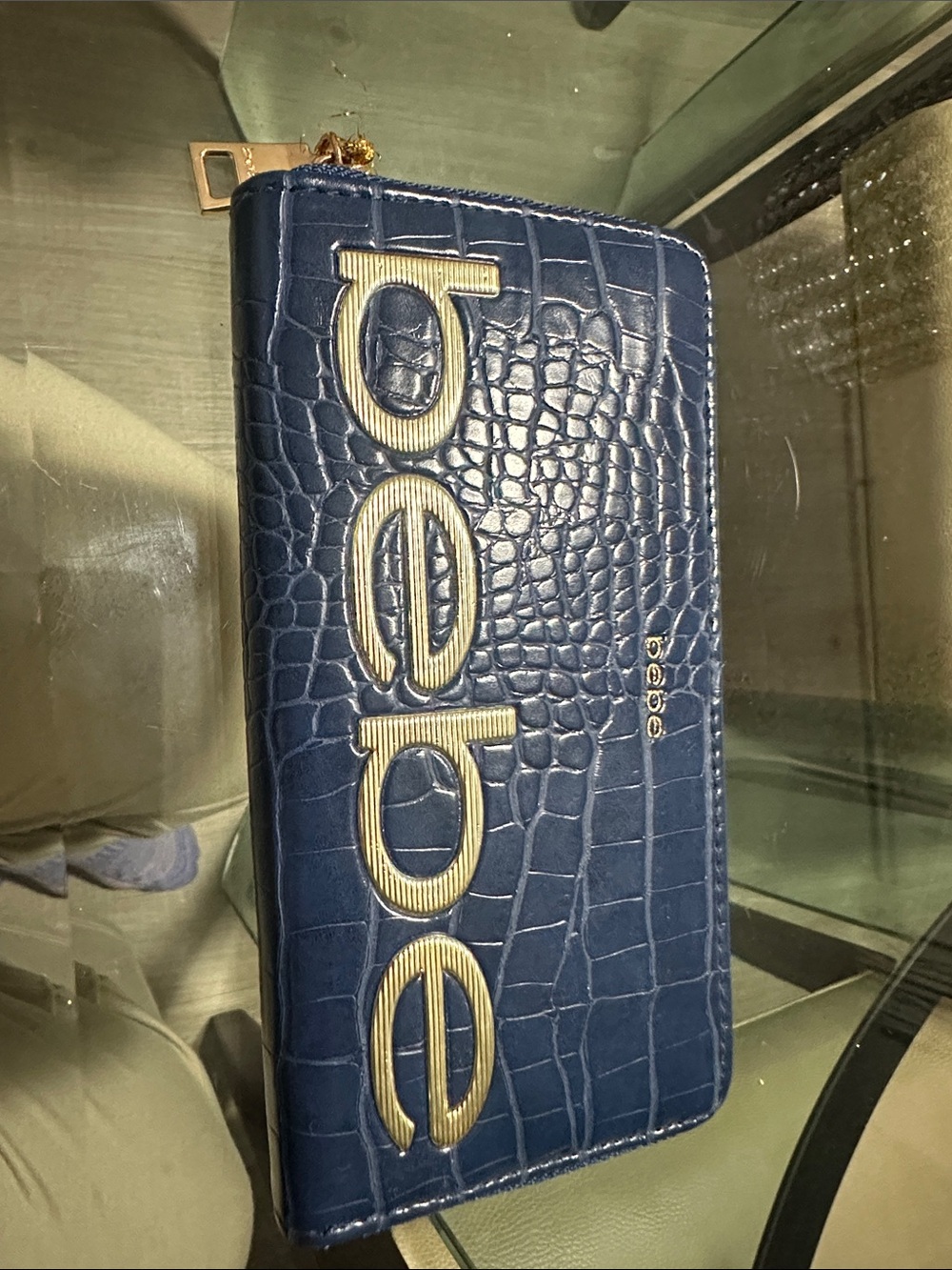 Bebe Navy Croc-Embossed Zip Phone Wallet with Gold Hardware